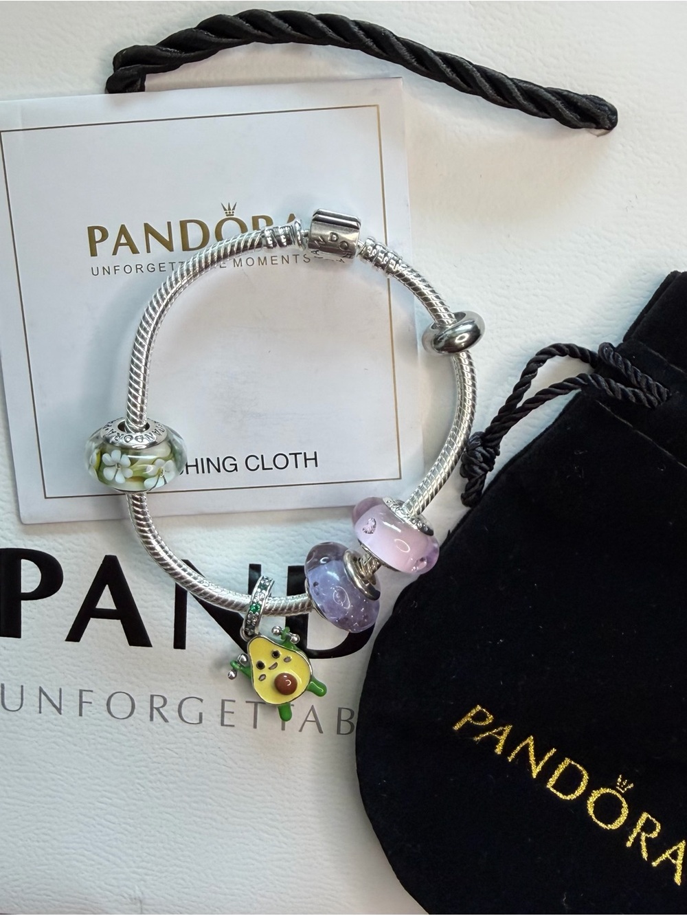 Pandora Silver Bracelet with Pastel Pink, Lavender & Green Charms